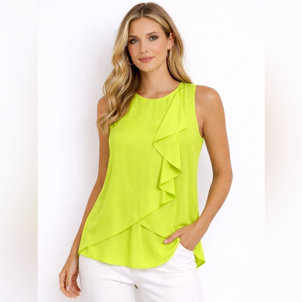 Kenneth Cole Women Sleeveless Layered Ruffled Top Tank Lemongrass Green